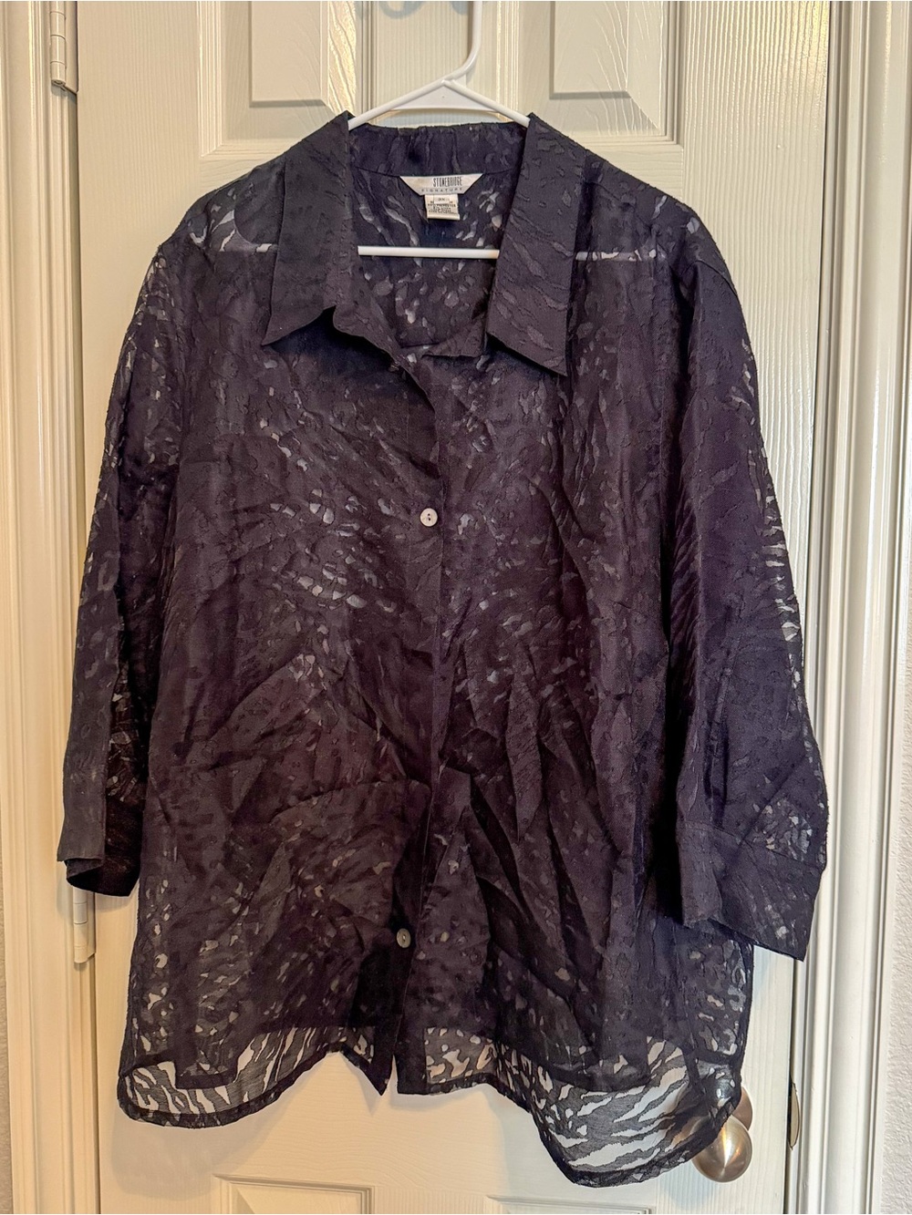 Stonebridge Signature Black Sheer Burnout Animal Print Button Down Top 3X